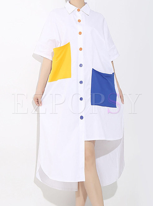 White Pockets Patchwork Asymmetric Shirt Dress
